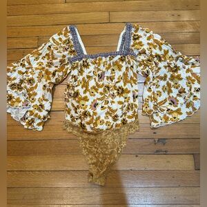 Free People Floral Blouse in Mustard and White